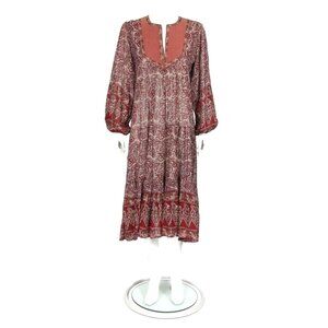Vintage 70s Touché Indian Red Quilted Cotton Gauze Gold Metallic Dress sz M /874
